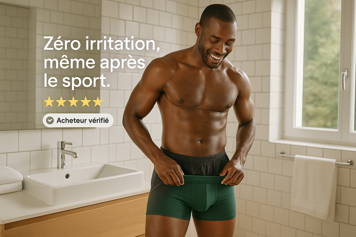 Create a realistic image of a fit Black man putting on bamboo boxer shorts after a workout, in a clean and modern bathroom. Use soft natural lighting. Add an overlay text: "Zéro irritation, même après le sport." with 5 stars and a verified purchase badge.
